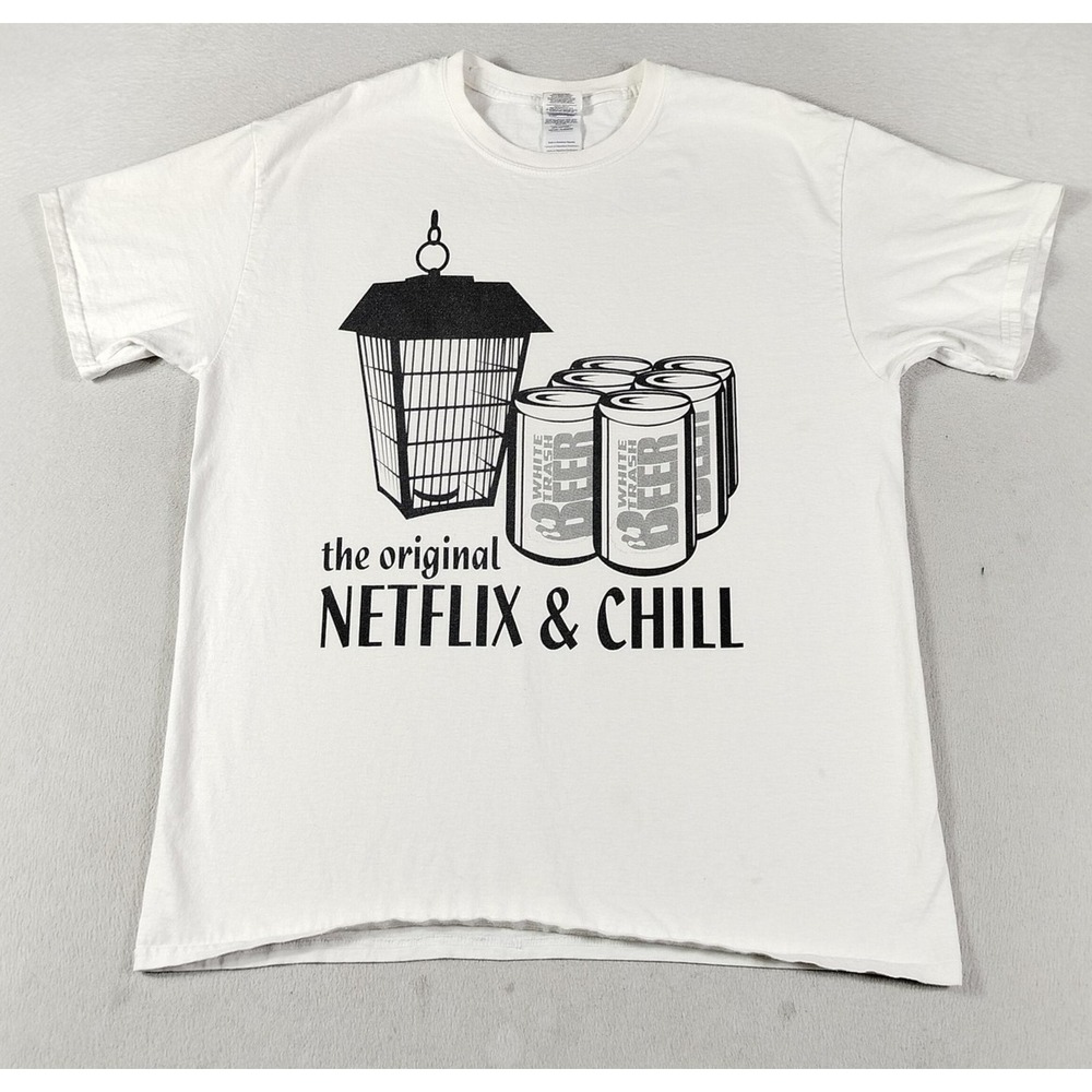 Gildan Netflix & Chill Shirt Mens Large White Beer Graphic Tee Funny Humor